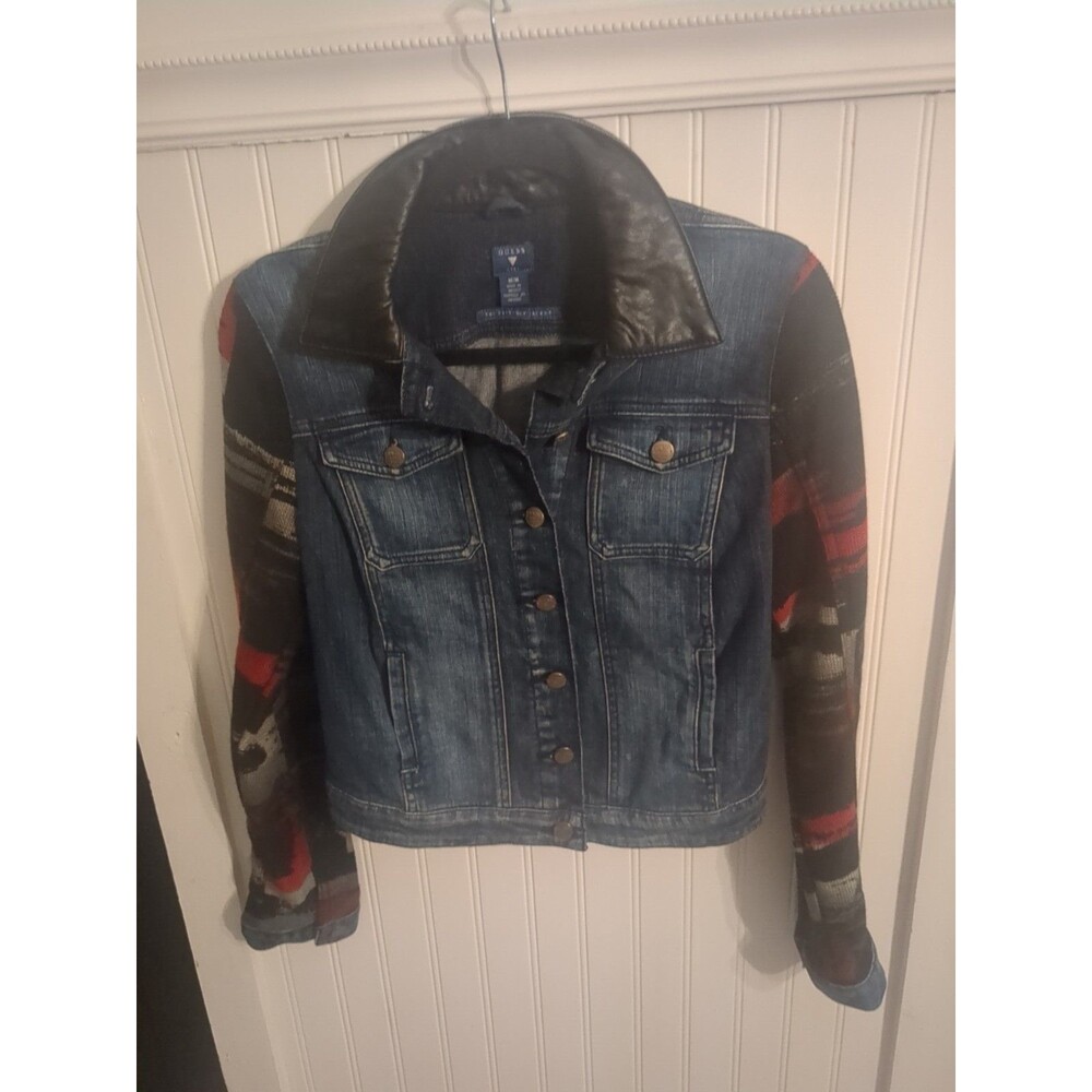 Guess Women The Brittney Southwestern Sleeve Black Leather Collar Denim Jacket M